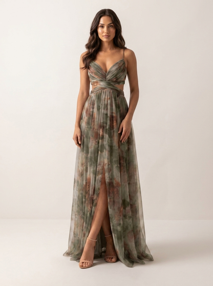 Maxi galajurk dames met aquarelprint en split