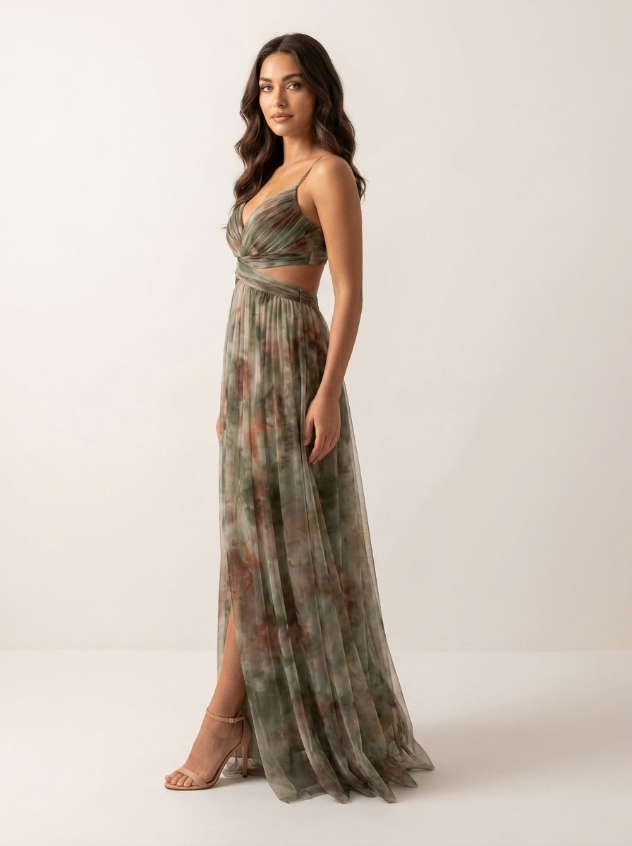 Maxi galajurk dames met aquarelprint en split