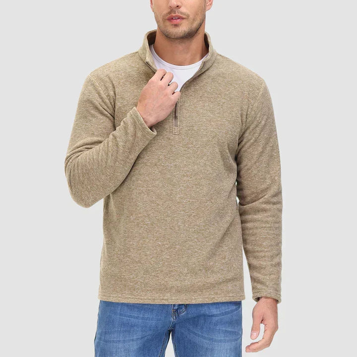 Herensweater met kwart rits in fleece in Zand