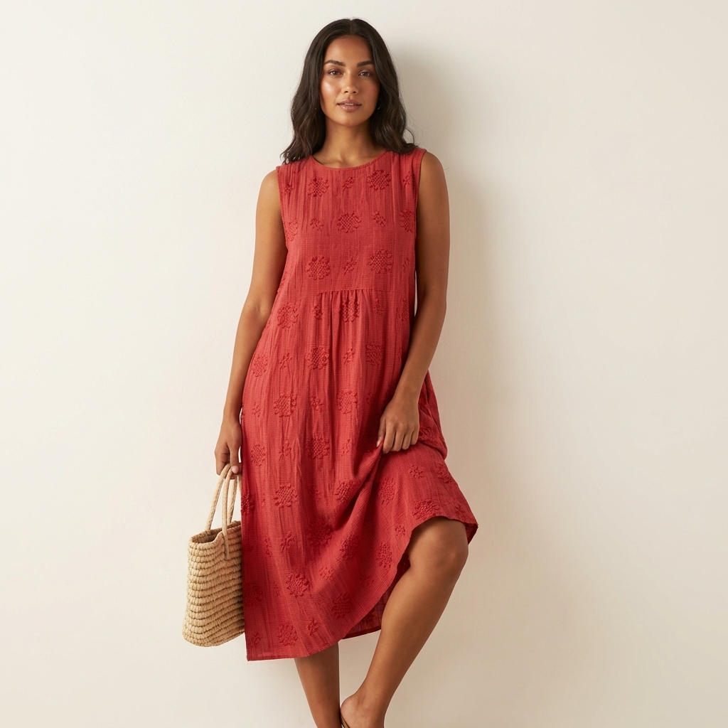 Mouwloze midi jurk dames met geborduurde structuur