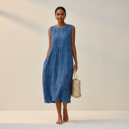Mouwloze midi jurk dames met geborduurde structuur