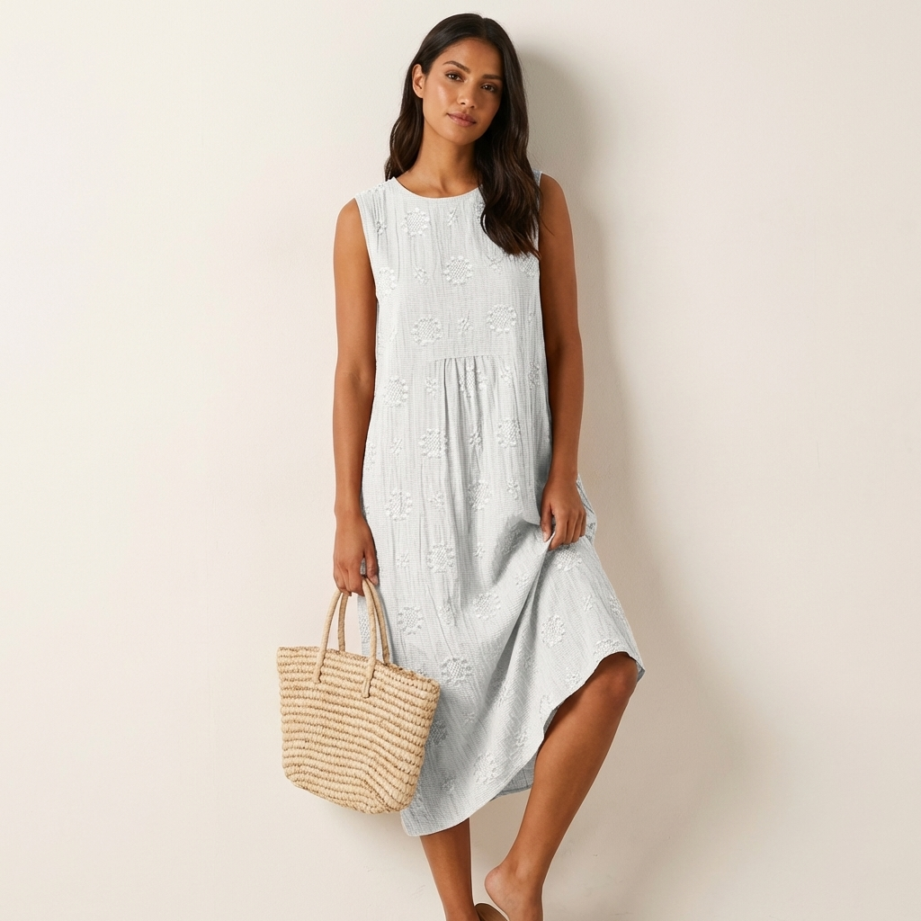Mouwloze midi jurk dames met geborduurde structuur
