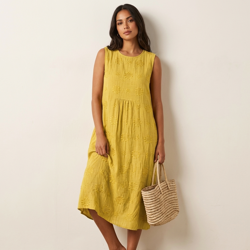 Mouwloze midi jurk dames met geborduurde structuur