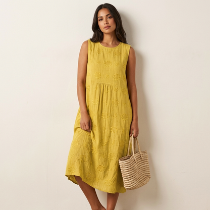 Mouwloze midi jurk dames met geborduurde structuur