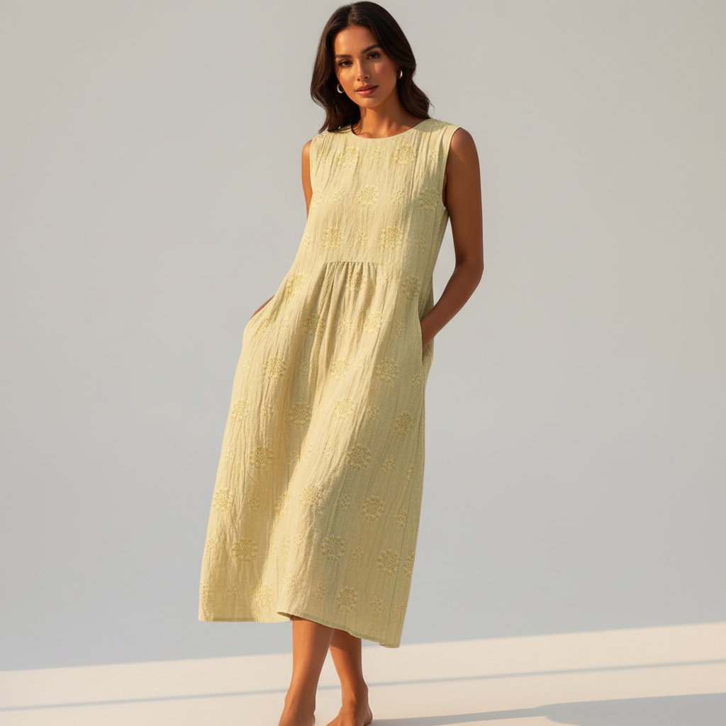 Mouwloze midi jurk dames met geborduurde structuur