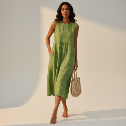 Mouwloze midi jurk dames met geborduurde structuur