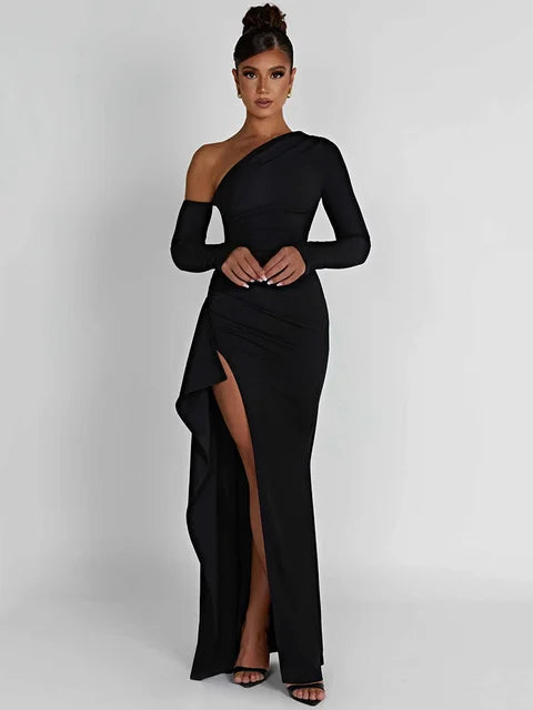 Elegante Maxi Jurk - Asymmetrische Halslijn - Polyester - Feestelijke Evenementen