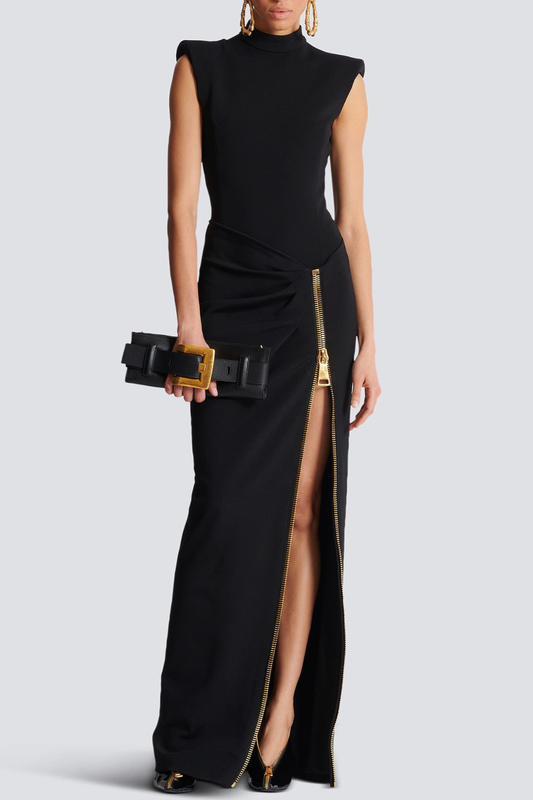 Zwarte mouwloze maxi jurk met hoge hals en split