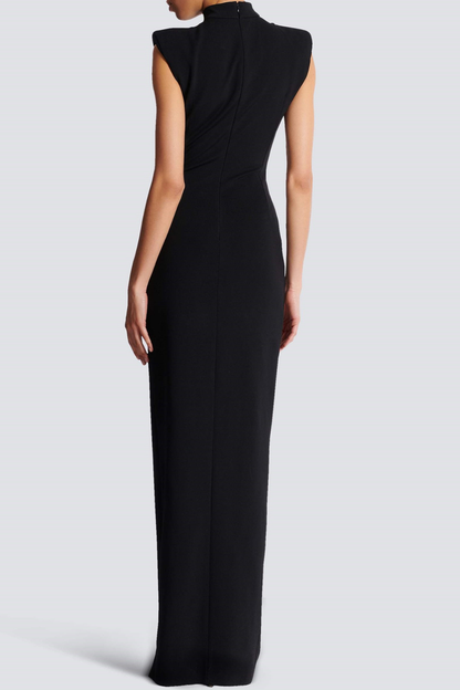 Zwarte mouwloze maxi jurk met hoge hals en split