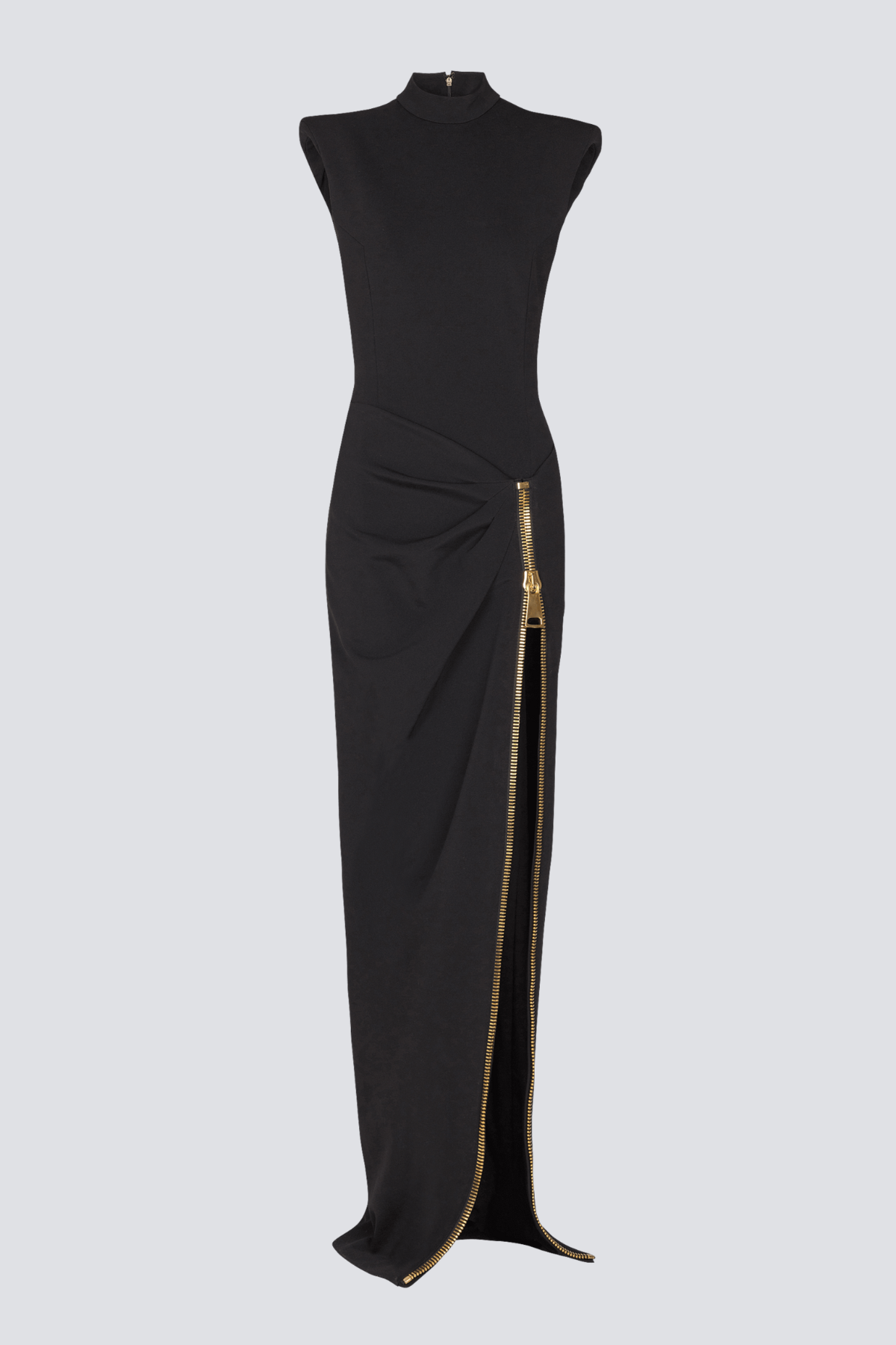 Zwarte mouwloze maxi jurk met hoge hals en split