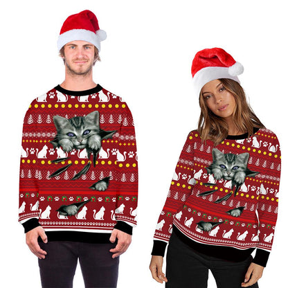 Felicia - Kersttrui met Capuchon - Rood - Polyester/Katoen - Met 3D Kerstkat-print