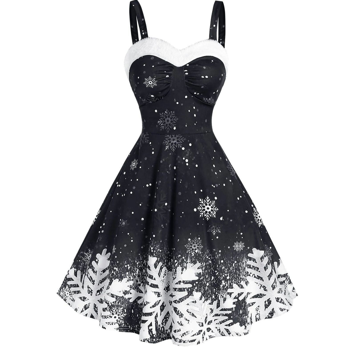 Kerstjurk voor dames met bandjes, witte pluche rand en sneeuwvlokprint - zwart