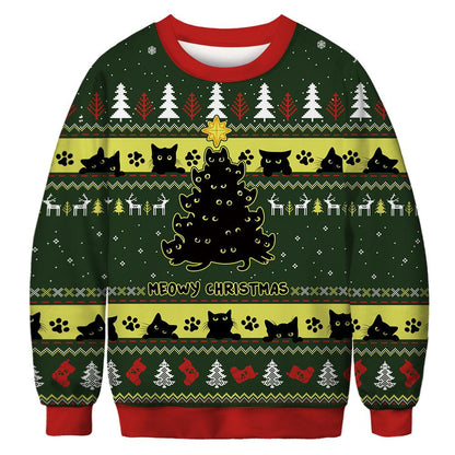 Foute kersttrui met allover print van katten en kerstmotieven - groen met zwarte katten