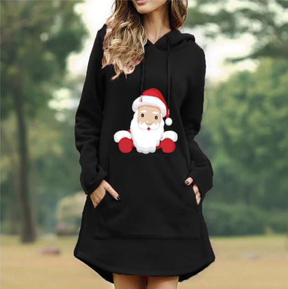 Kerst hoodiejurk voor dames met kerstmanprint en capuchon - zwart