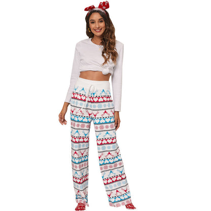 Wijde kerstbroek voor dames met hoge taille, trekkoord en kerstprint