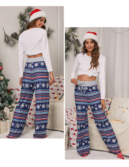 Wijde kerstbroek voor dames met hoge taille, trekkoord en kerstprint