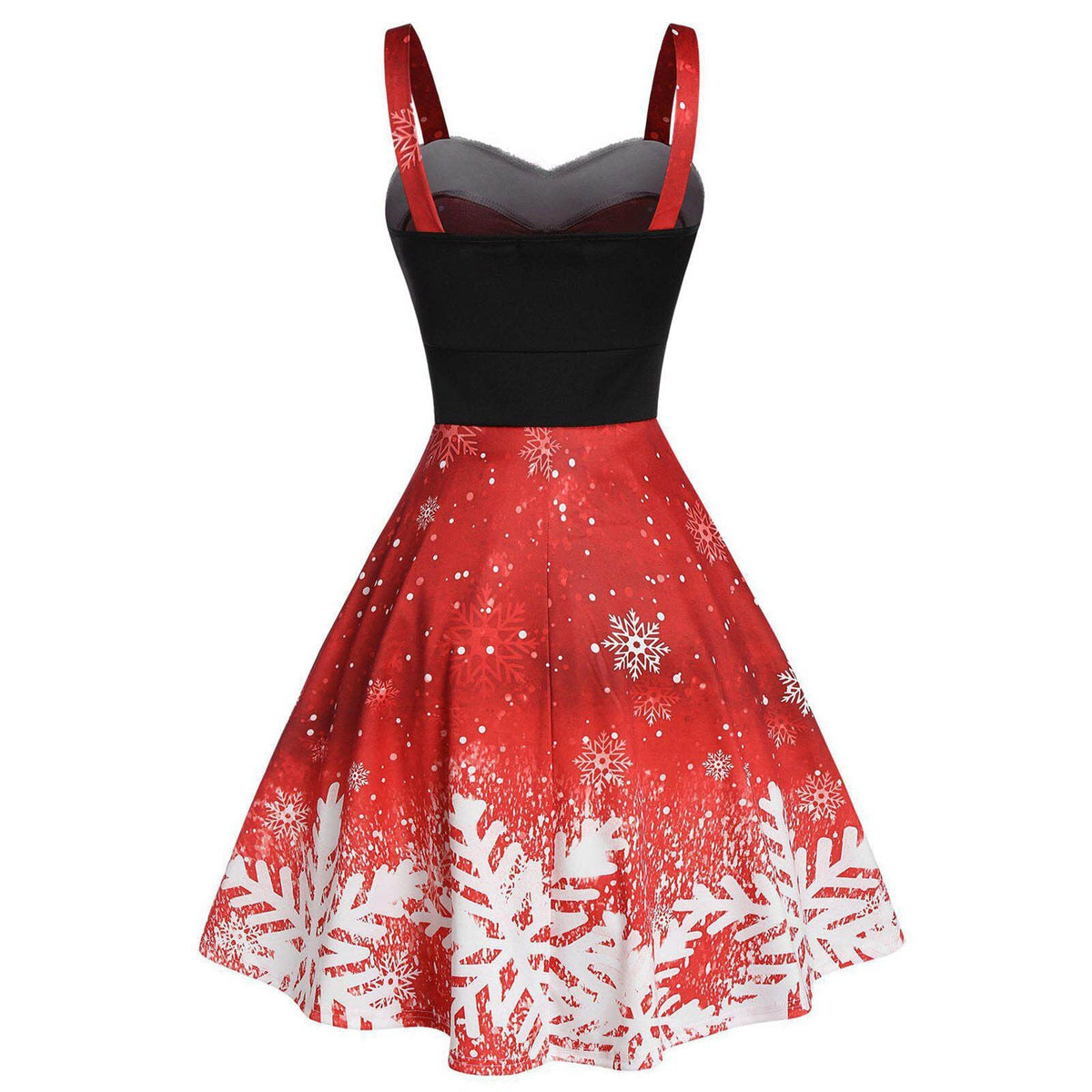 Kerstjurk voor dames met bandjes, witte pluche rand en sneeuwvlokprint