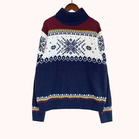 Bijpassende kersttrui voor hem en haar met noorse print en opstaande hals - blauw, herenmodel
