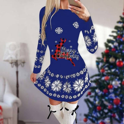 Korte kerstjurk voor dames met lange mouwen en kerstprint op de voorkant - blauw met geruit rendier
