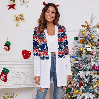 Lang open kerstvest voor dames met noorse print op het bovenstuk - blauw met noorse print