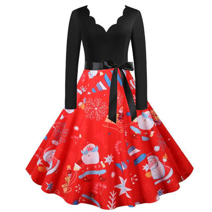 Holly - Vintage Kerstjurk - Rood - Polyester met Feestelijke Print en Strik