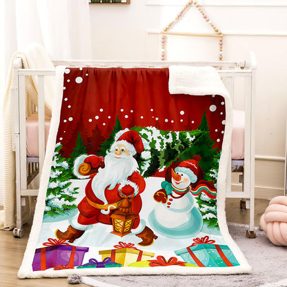 Fleece kerstdeken met kerstprint en witte teddy achterkant - kerstman met lantaarn