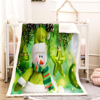 Fleece kerstdeken met kerstprint en witte teddy achterkant - groene sneeuwpop