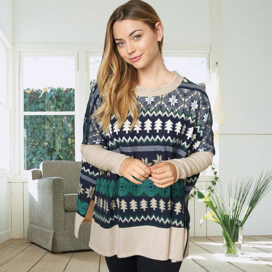 Oversized kersttrui voor dames met noorse print en effen mouwen