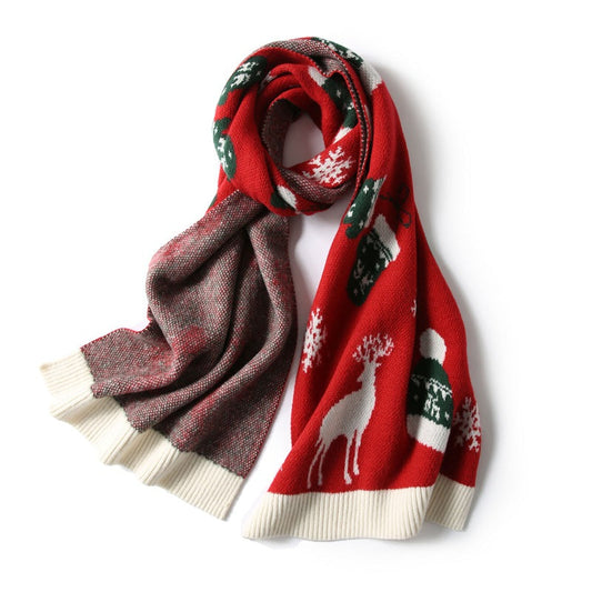 Gebreide kerstsjaal met ingebreid kerstmotief en geribde uiteinden - rood met hert en muts