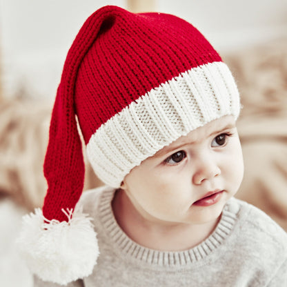Gebreide rode kerstmuts met witte omslag en pompon, voor ouder en kind