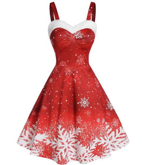 Kerstjurk voor dames met bandjes, witte pluche rand en sneeuwvlokprint - rood