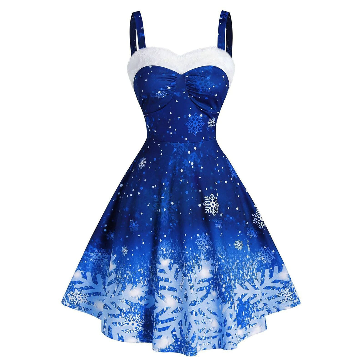 Kerstjurk voor dames met bandjes, witte pluche rand en sneeuwvlokprint