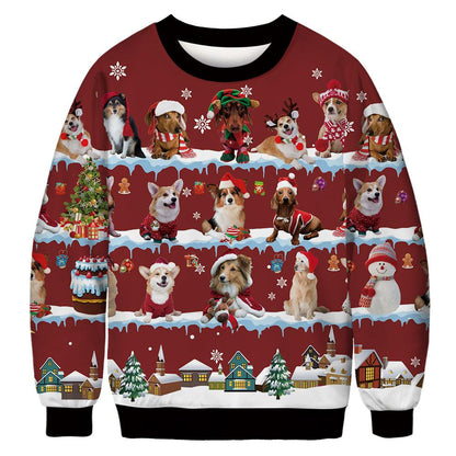 Foute kersttrui met allover print van katten en kerstmotieven - rood met honden