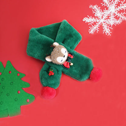 Pluche kindersjaal met rendierkopje, strikje en groene pompons - donkergroen