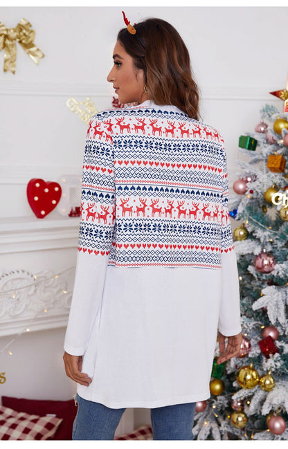 Lang open kerstvest voor dames met noorse print op het bovenstuk