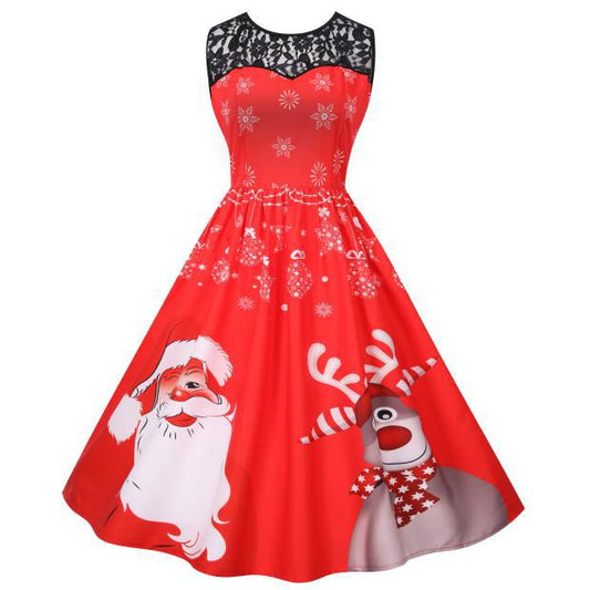 Mouwloze kerstjurk voor dames met zwarte kanten pas en kerstman met rendier - rood