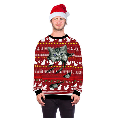Foute kersttrui met allover print van katten en kerstmotieven