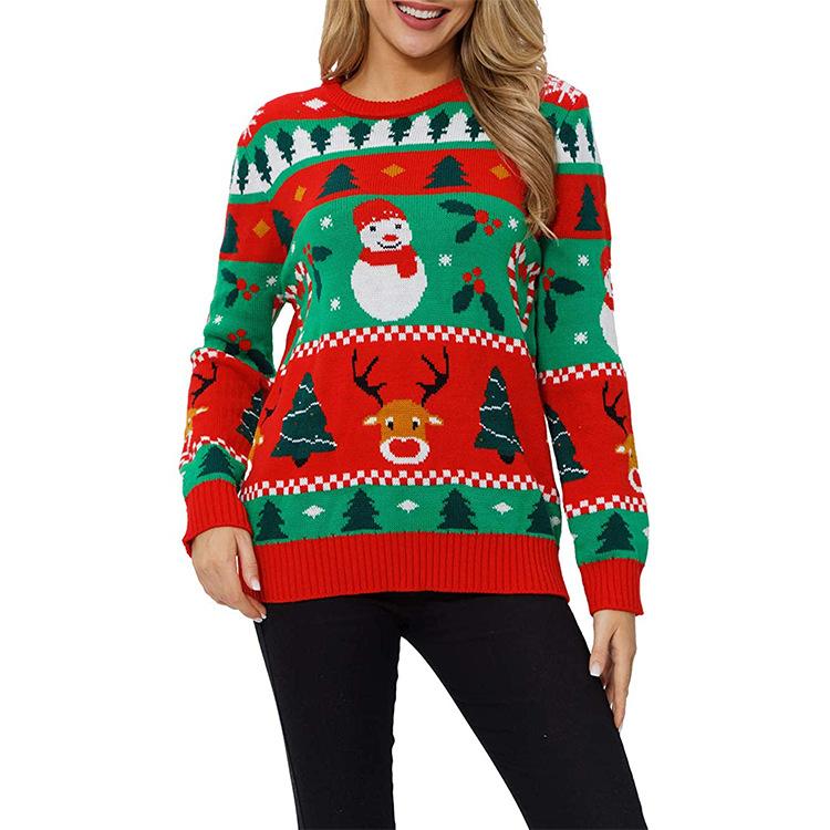 Gebreide Kerst Sweater Dames met Kerstboom en Sneeuwman Motief