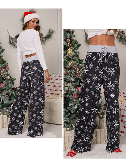 Wijde kerstbroek voor dames met hoge taille, trekkoord en kerstprint