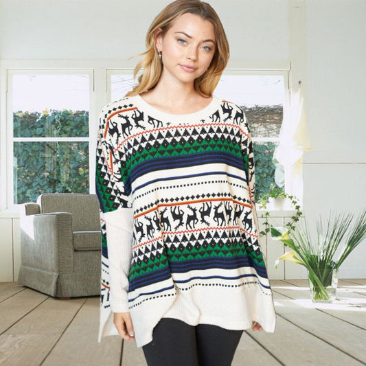 Oversized kersttrui voor dames met noorse print en effen mouwen