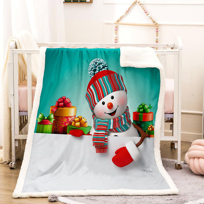 Fleece kerstdeken met kerstprint en witte teddy achterkant - sneeuwpop met cadeaus