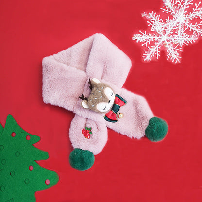 Pluche kindersjaal met rendierkopje, strikje en groene pompons - lichtroze