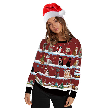 Foute kersttrui met allover print van katten en kerstmotieven