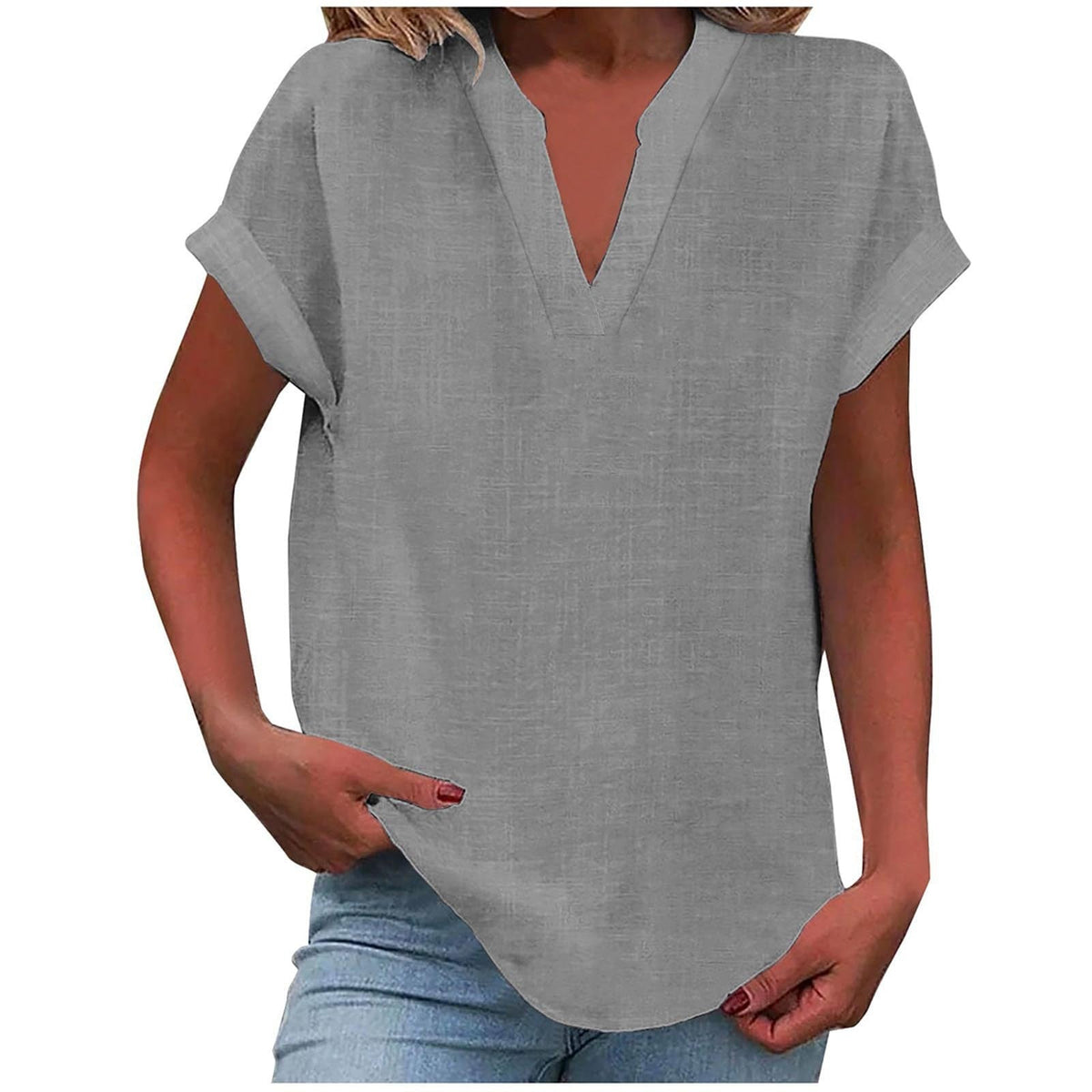 Blouse dames lichtgrijs V-hals - relaxed pasvorm casual chic