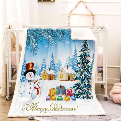 Fleece kerstdeken met kerstprint en witte teddy achterkant - besneeuwd kerstdorp