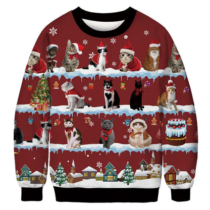 Foute kersttrui met allover print van katten en kerstmotieven - rood met katten