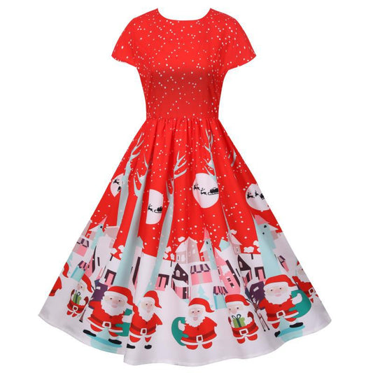 Kerstjurk voor dames met korte mouwen en een kerstdorp op de rok - rood met kerstdorp