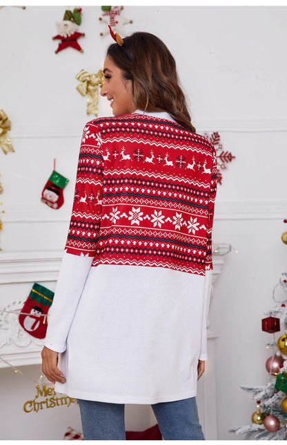 Lang open kerstvest voor dames met noorse print op het bovenstuk