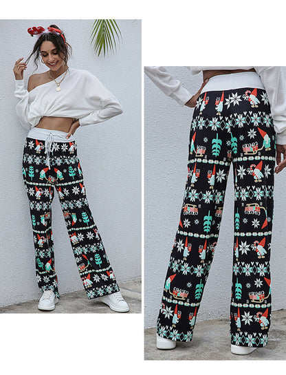 Wijde kerstbroek voor dames met hoge taille, trekkoord en kerstprint