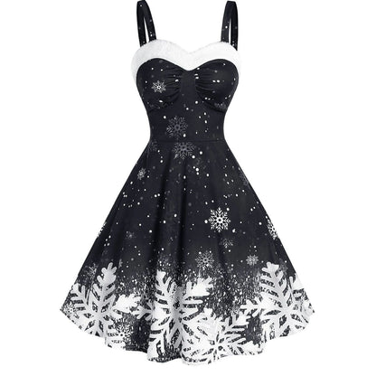 Kerstjurk voor dames met bandjes, witte pluche rand en sneeuwvlokprint